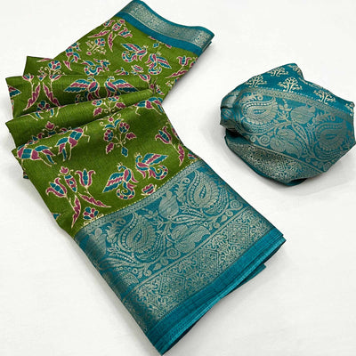 green-blue-printed-with-woven-border-dola-silk-saree