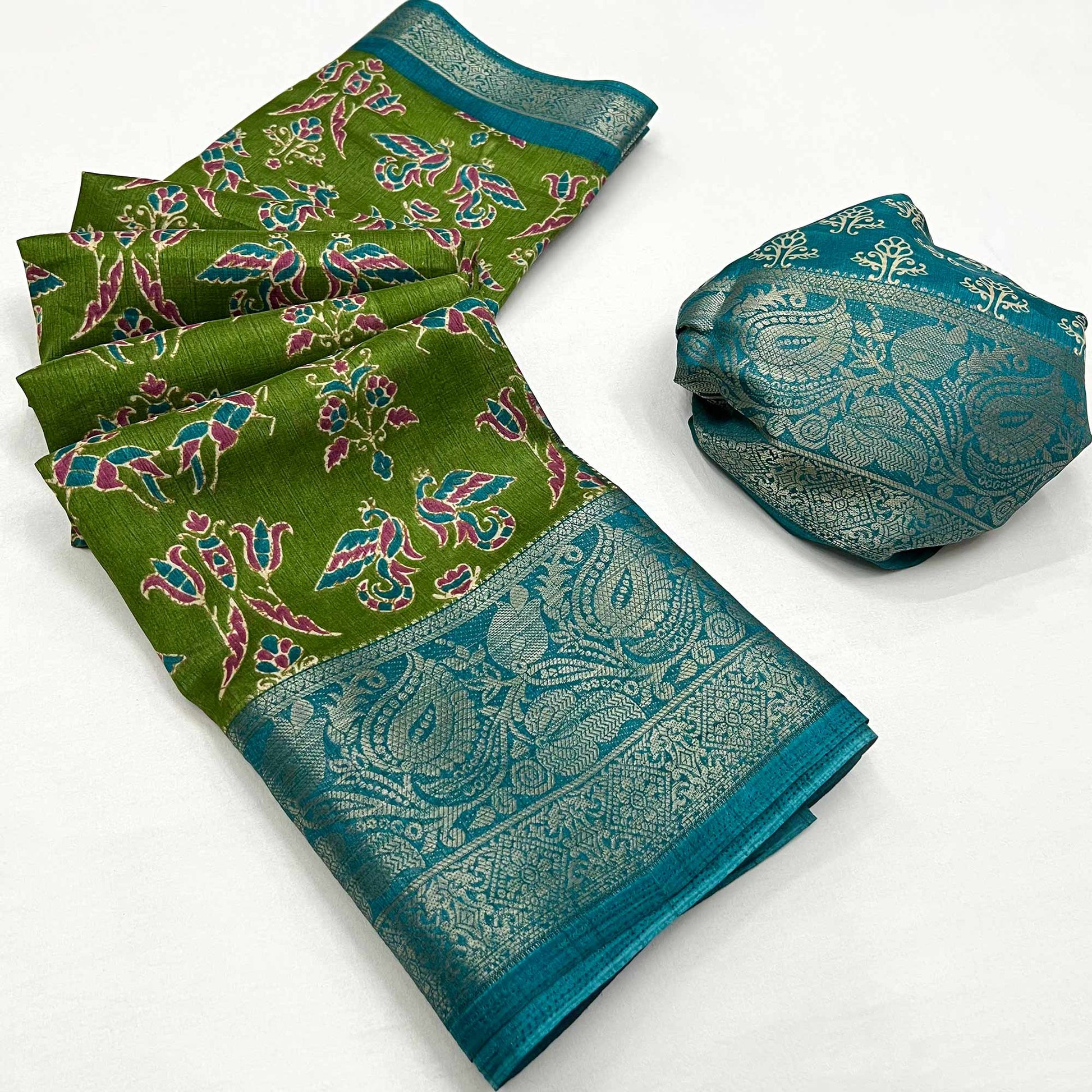 green-blue-printed-with-woven-border-dola-silk-saree