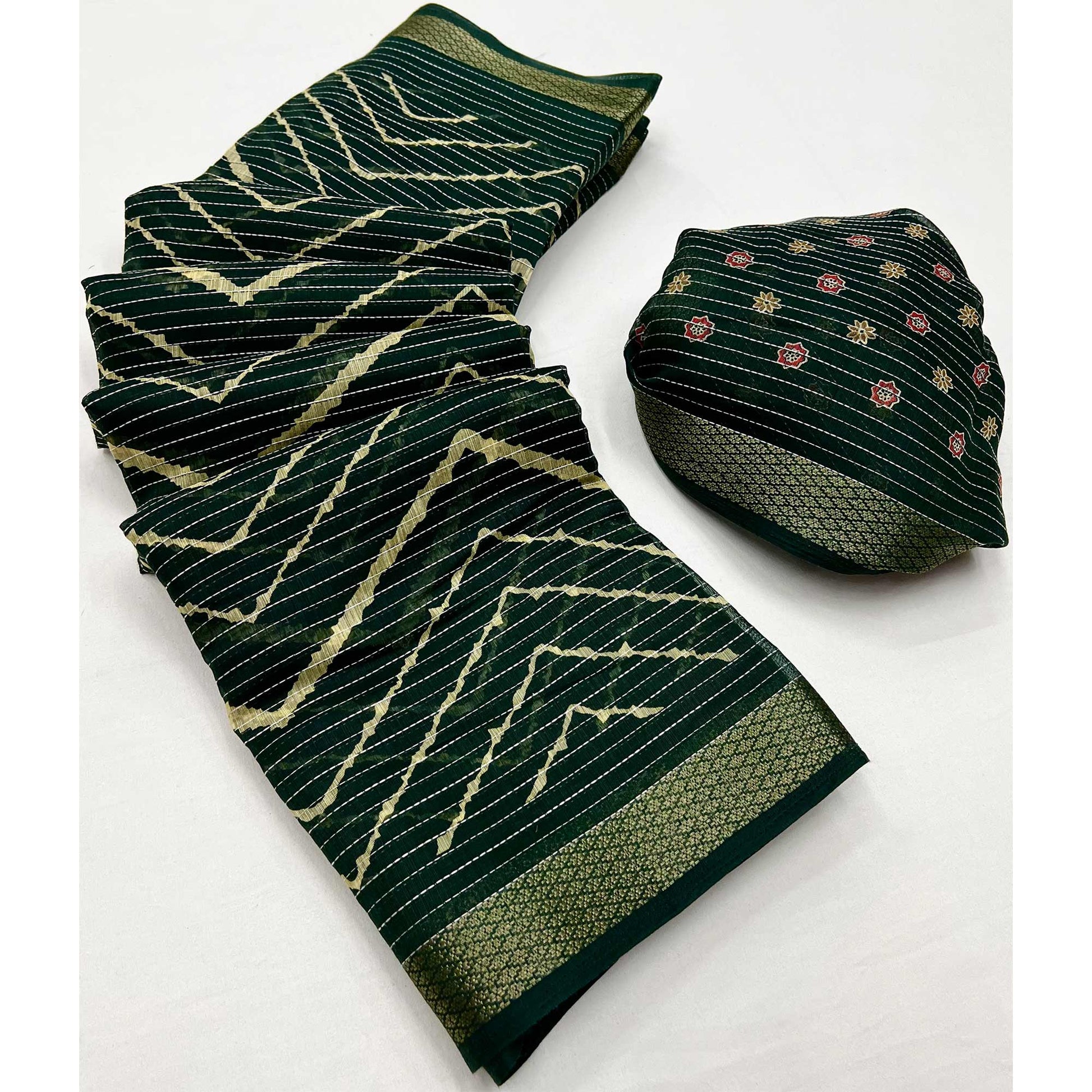 Dark Green Embroidered Cotton Silk Saree