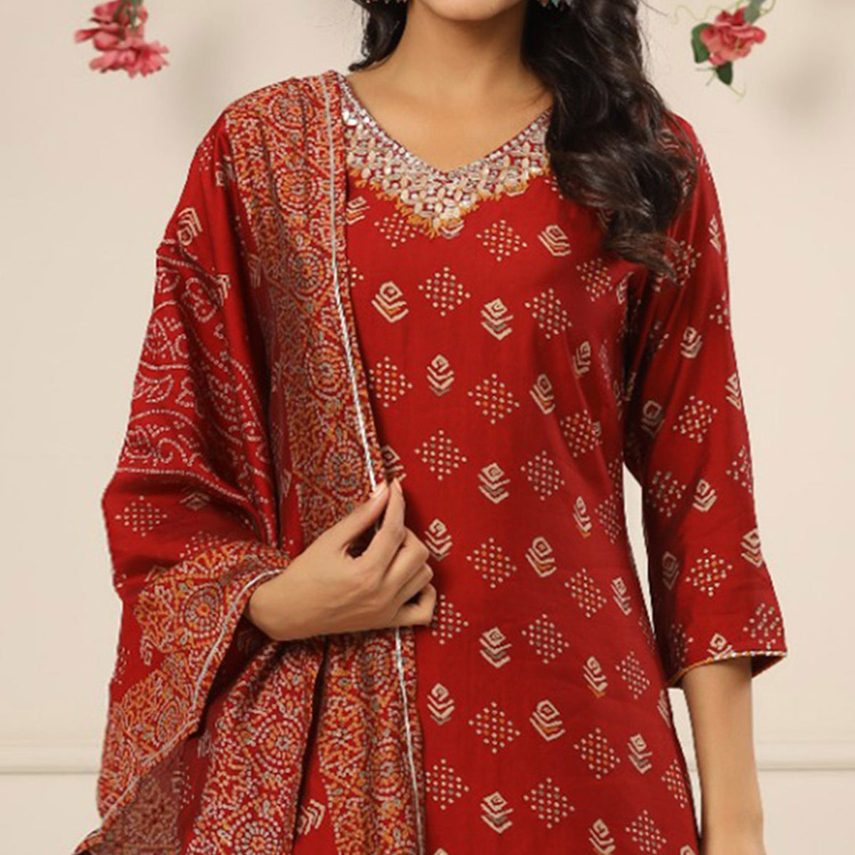 Maroon Jaipuri Printed With Gota Work Chanderi Salwar Suit
