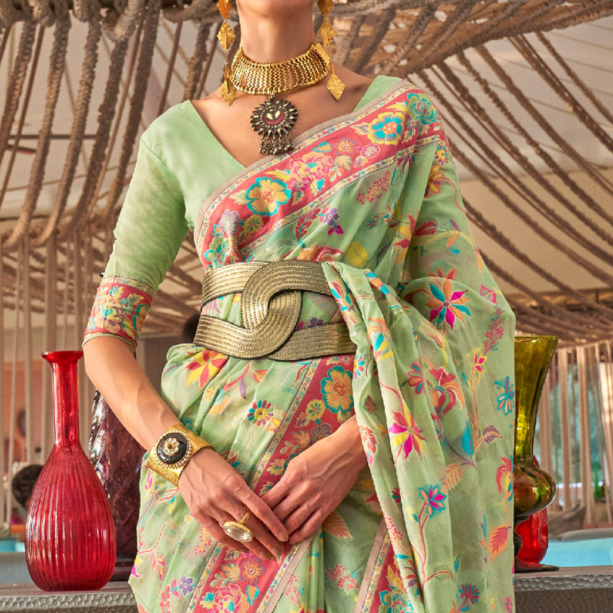 green-floral-woven-modal-saree