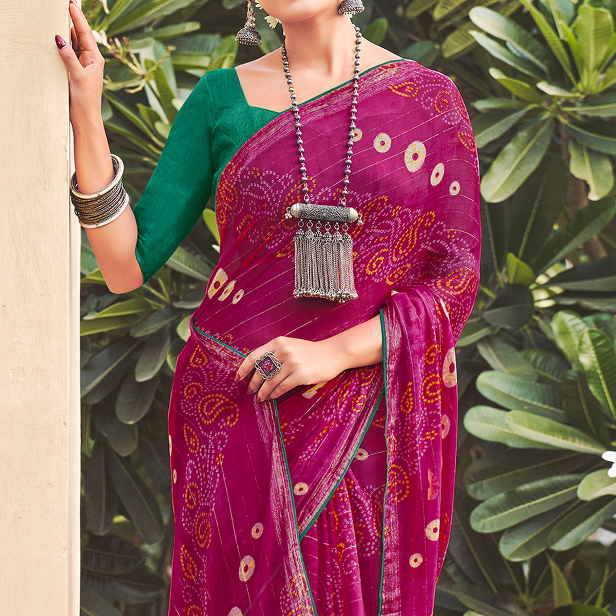 Magenta Pink Printed Chiffon Saree