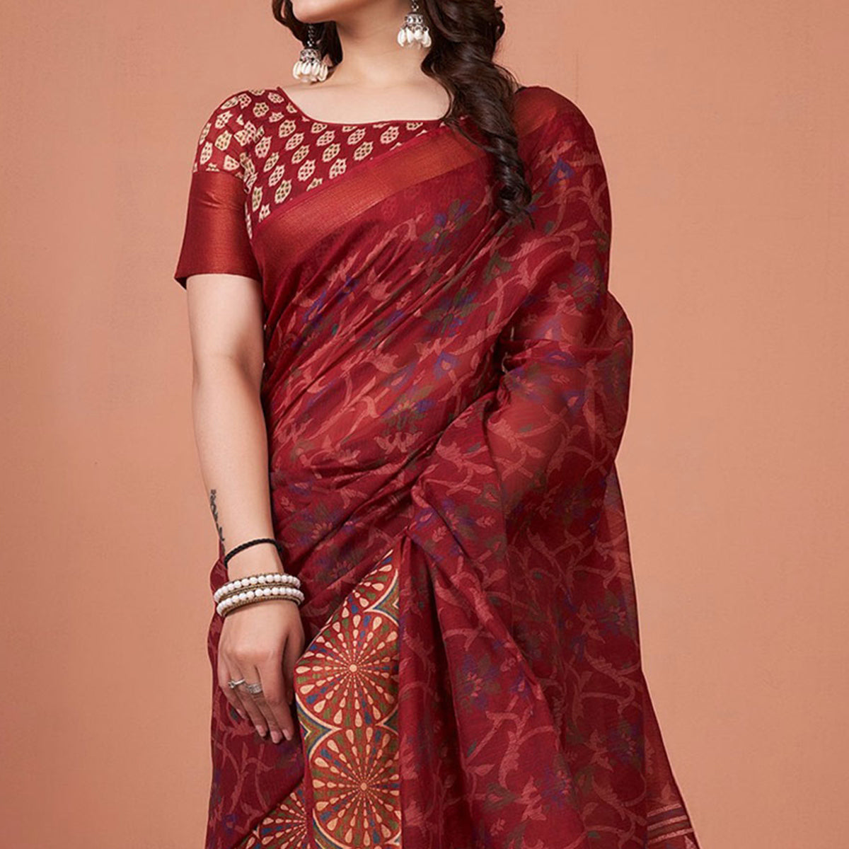 Maroon Printed Cotton Saree With Tassels