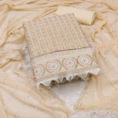 Cream Sequins Embroidered Georgette Dress Material