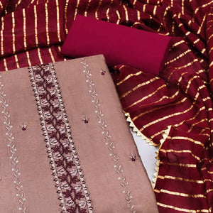 Brown Embroidered Sequins Cotton Blend Dress Material