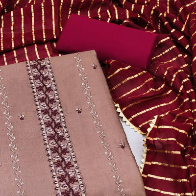 Brown Embroidered Sequins Cotton Blend Dress Material
