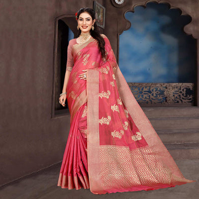 Gajari Pink Floral Woven Organza Saree