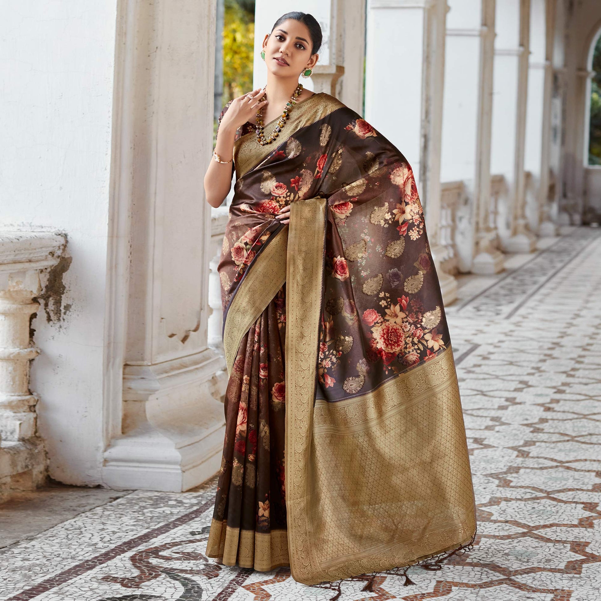 Dark Brown Woven With Floral Printed Art Silk Saree