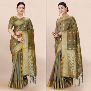 Mehendi Green Woven Organza Saree With Tassels