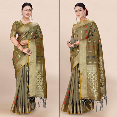 Mehendi Green Woven Organza Saree With Tassels