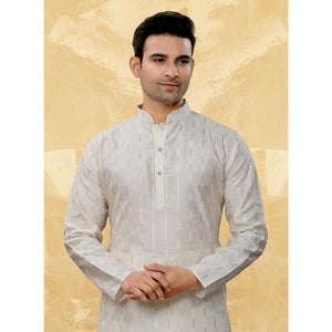 Cream Sequins Embroidered Art Silk Kurta Pyjama Set