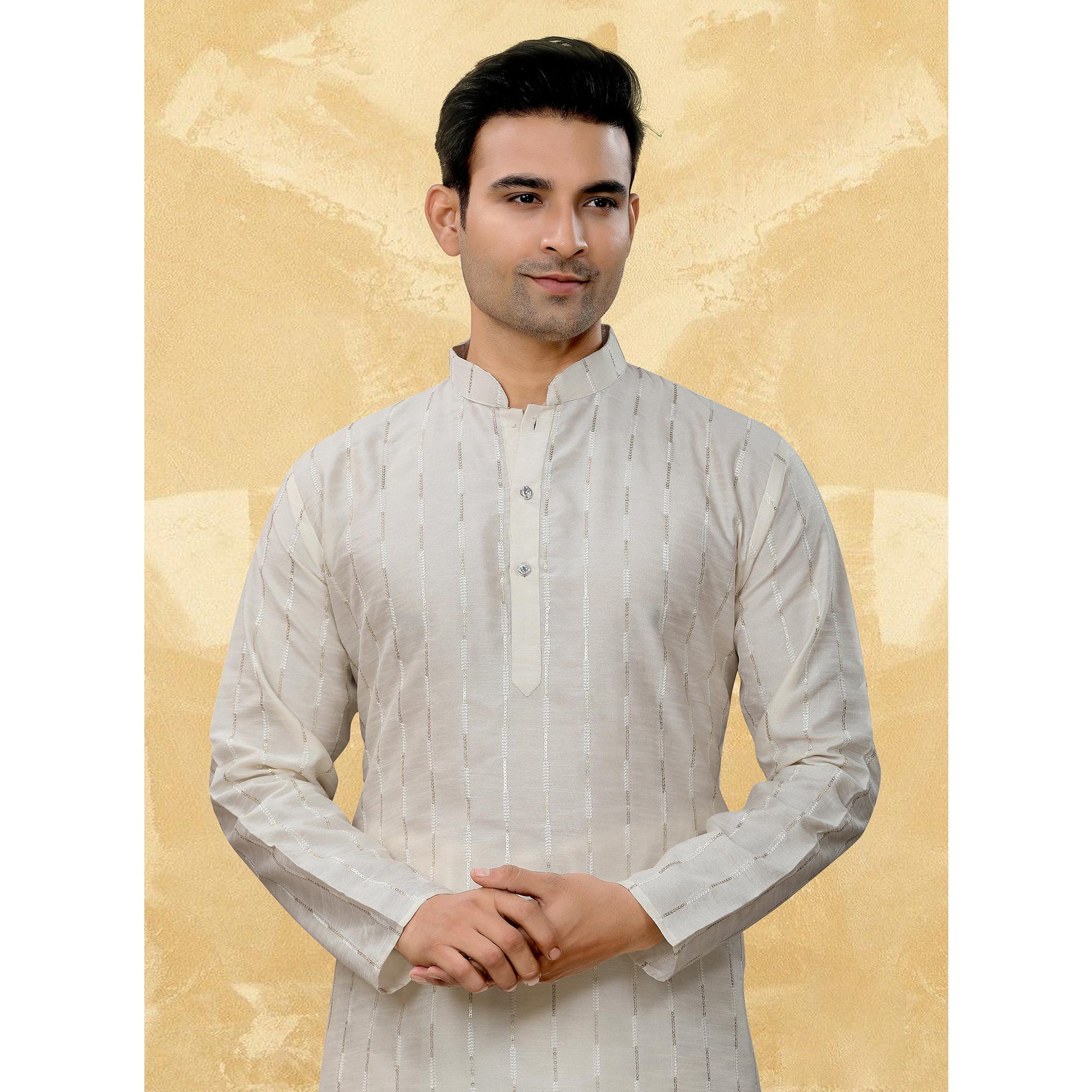 Cream Sequins Embroidered Art Silk Kurta Pyjama Set