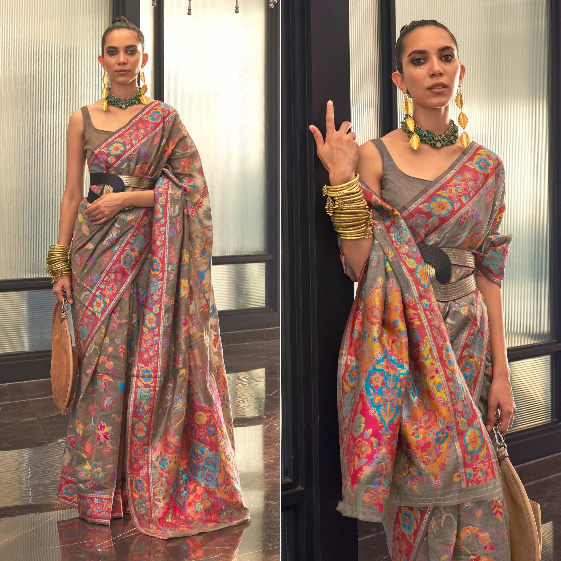 Brown Floral Woven Modal Saree