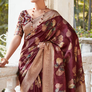 Maroon Woven With Floral Printed Art Silk Saree