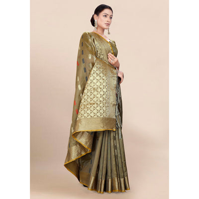 Mehendi Green Woven Organza Saree With Tassels