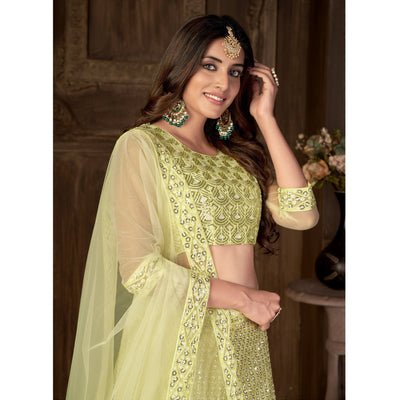 Lemon Yellow Sequins Embroidered Netted Lehenga Choli