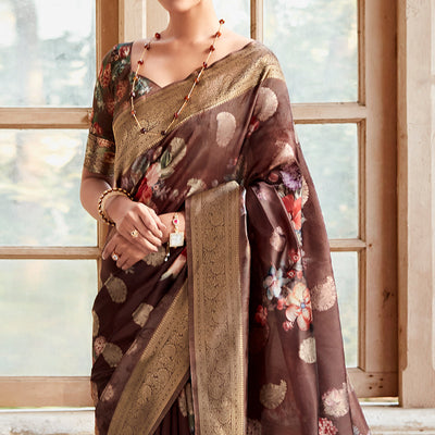Brown Woven With Floral Printed Art Silk Saree