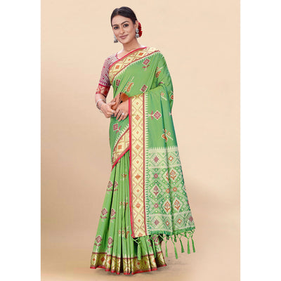 green-woven-patola-art-silk-saree-with-tassels-1