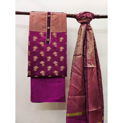 Magenta Pink Floral Woven Banarasi Silk Dress Material