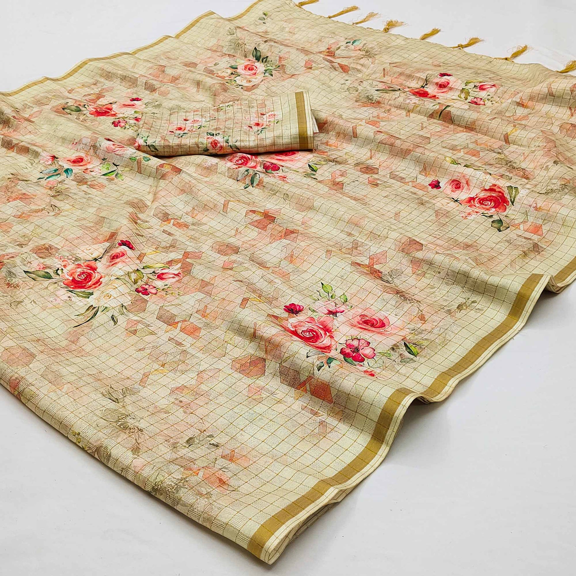 Cream Checks Digital Printed Jute Saree