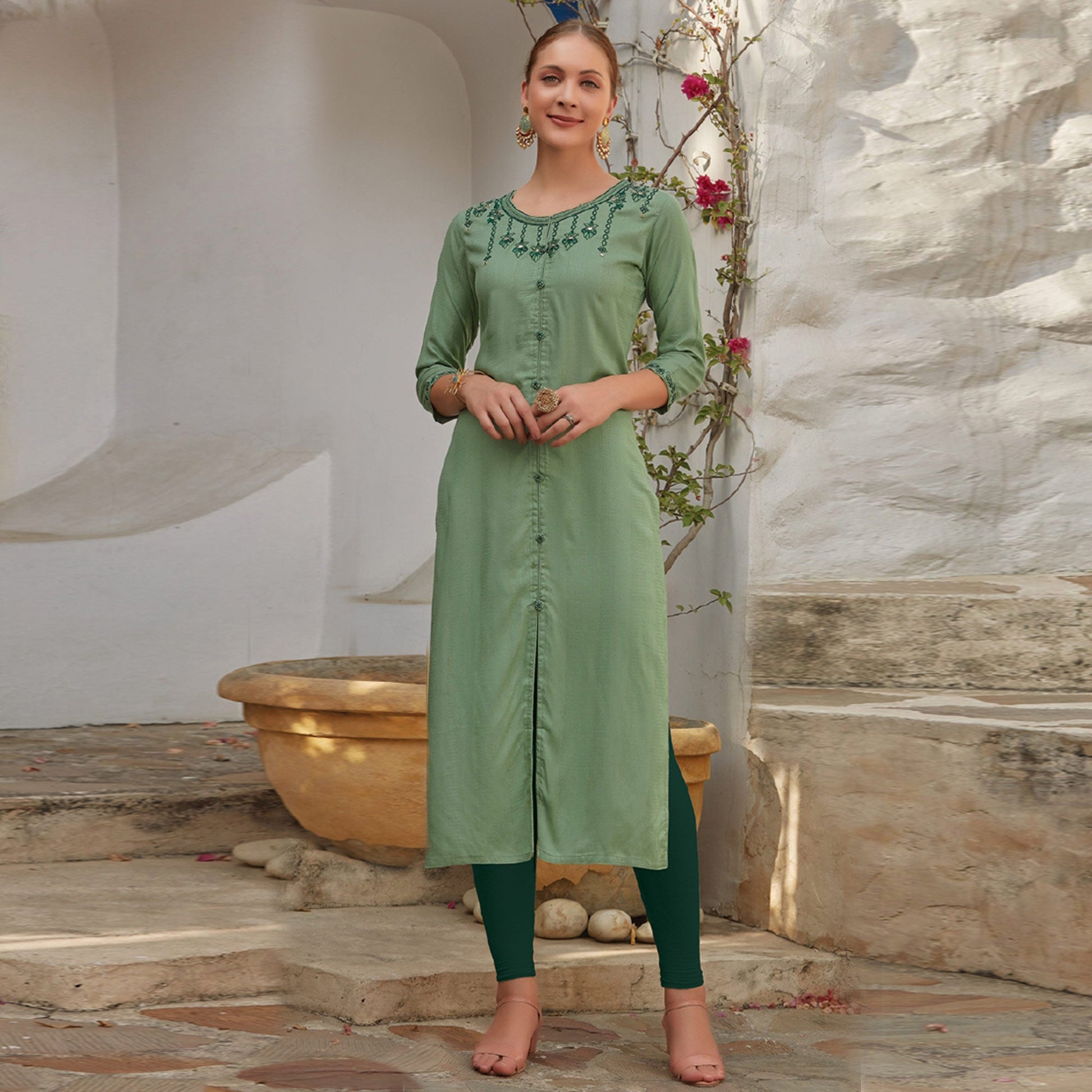 green-floral-embroidered-poly-cotton-kurti