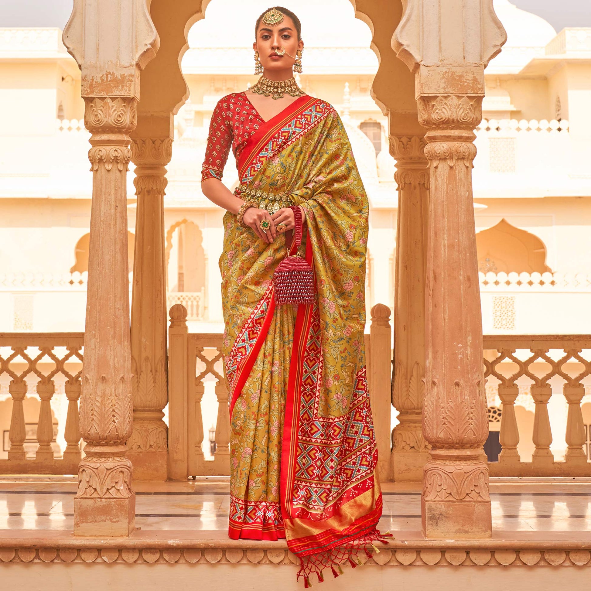 a-green-red-printed-tussar-silk-saree-with-tassels