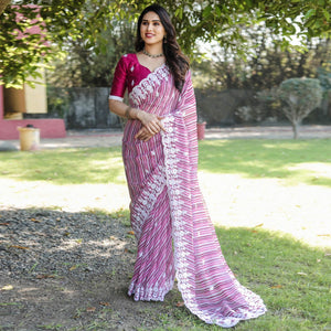 Magenta Pink Digital Printed With Embroidered Organza Saree
