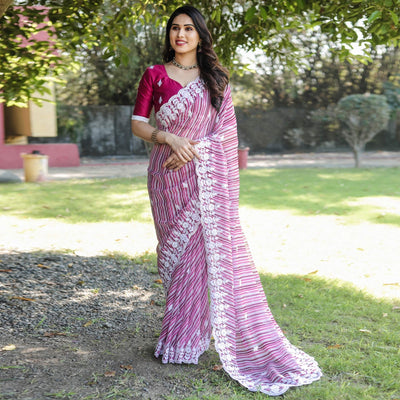 Magenta Pink Digital Printed With Embroidered Organza Saree
