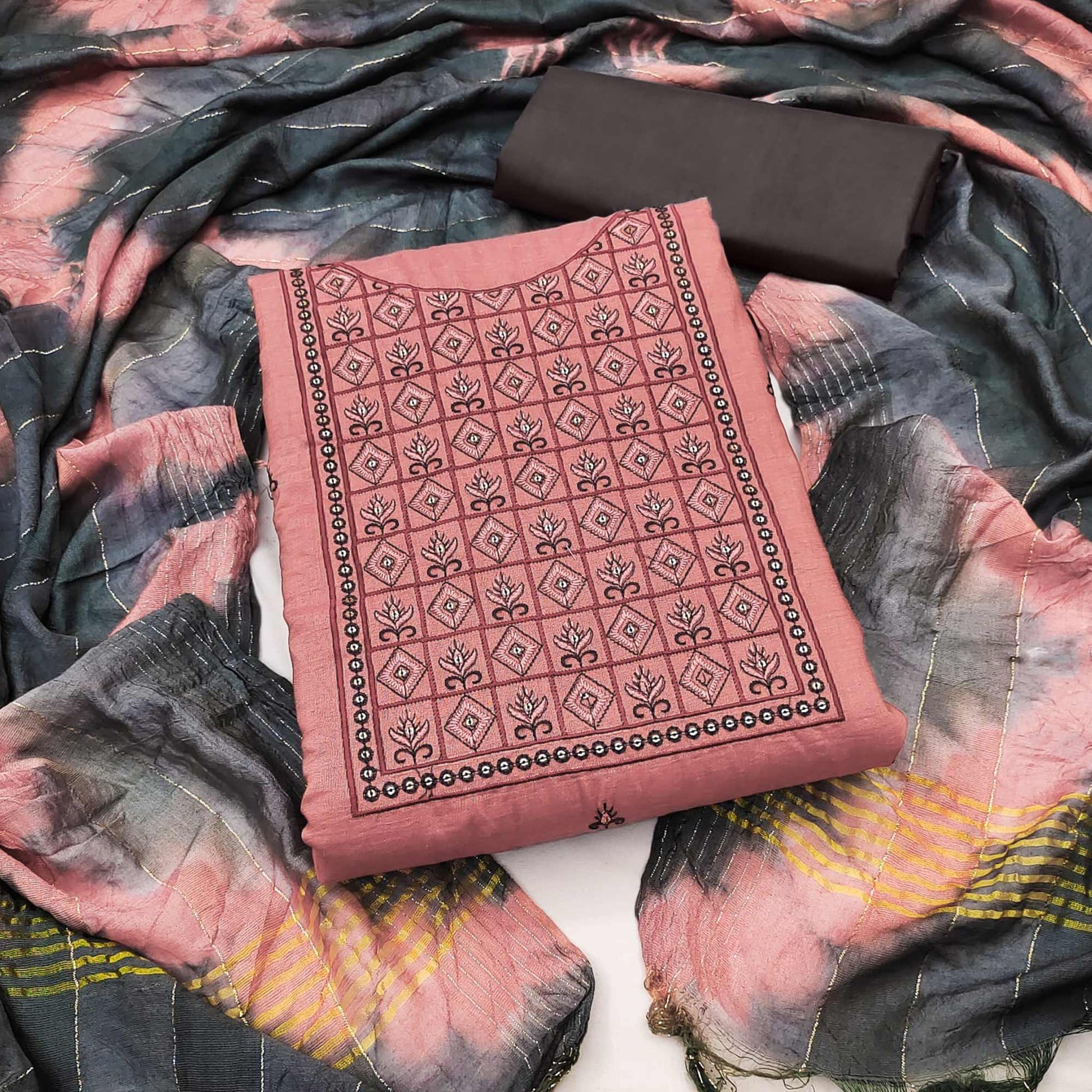 Gajari Pink Embroidered Cotton Blend Dress Material