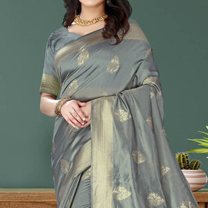 Grey Woven Art Silk Saree With Tassels