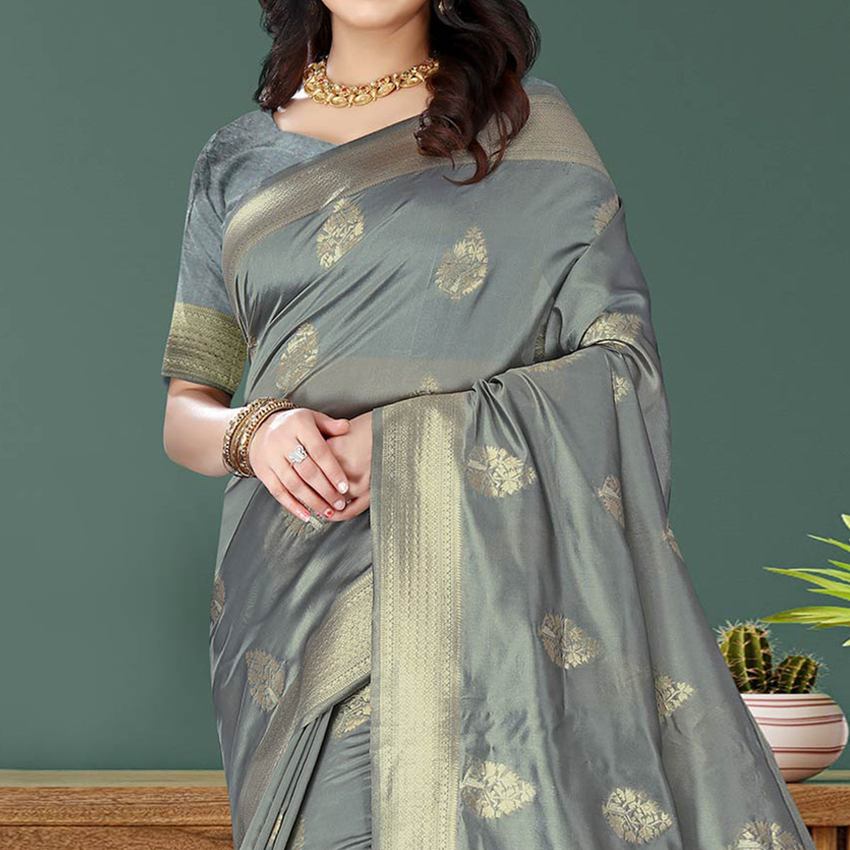 Grey Woven Art Silk Saree With Tassels