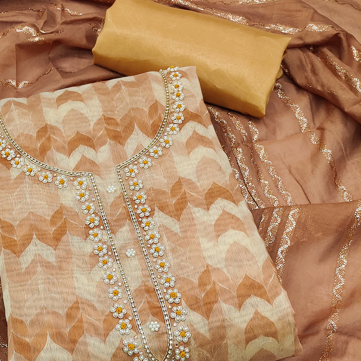 Brown Printed With Handwork Modal Dress Material