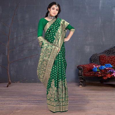 Bottle Green Woven Art Silk Saree With Tassels