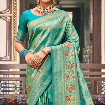 Firozi Woven Kanjivaram Silk Saree With Tassels