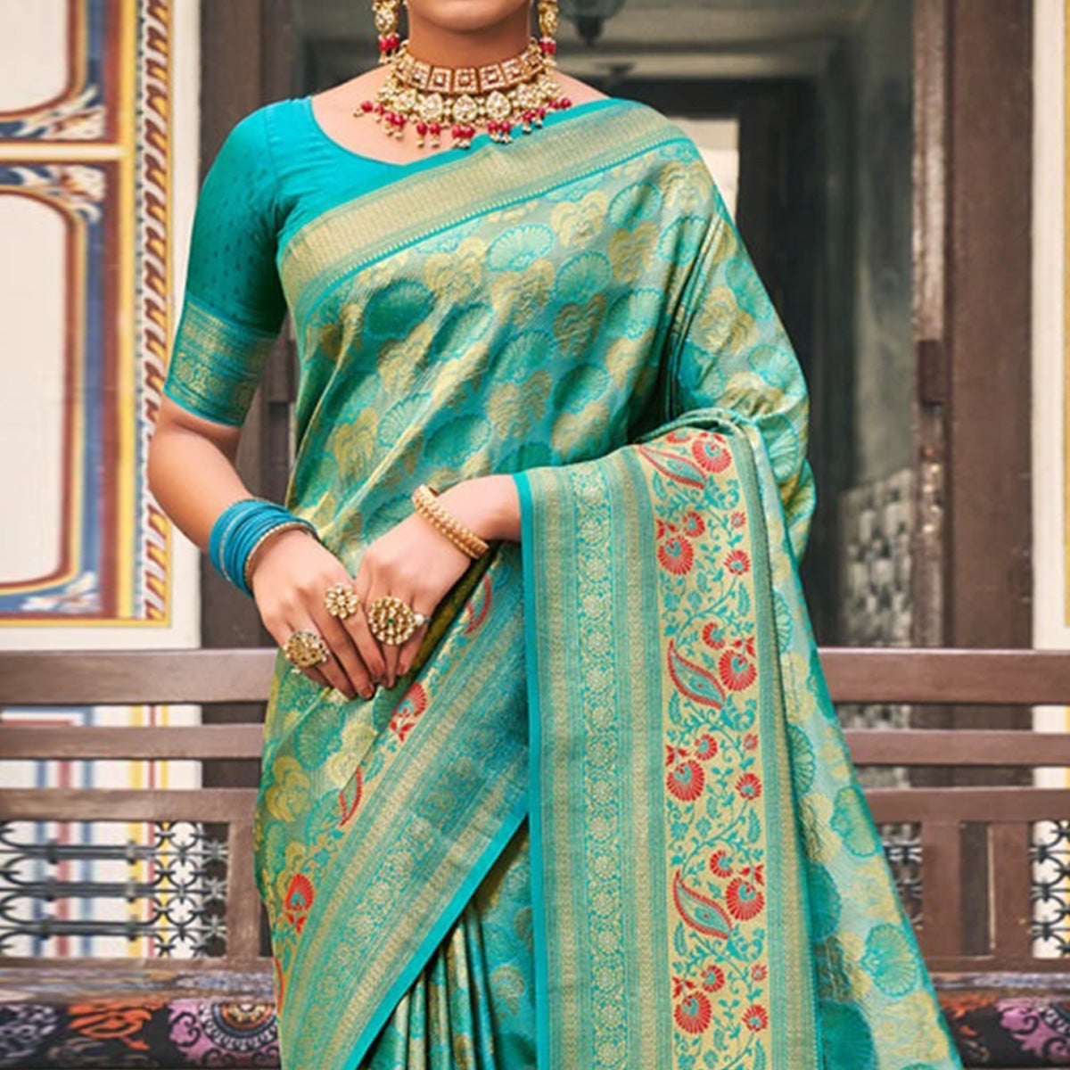 Firozi Woven Kanjivaram Silk Saree With Tassels