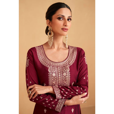 Maroon Embroidered Art Silk Palazzo Suit
