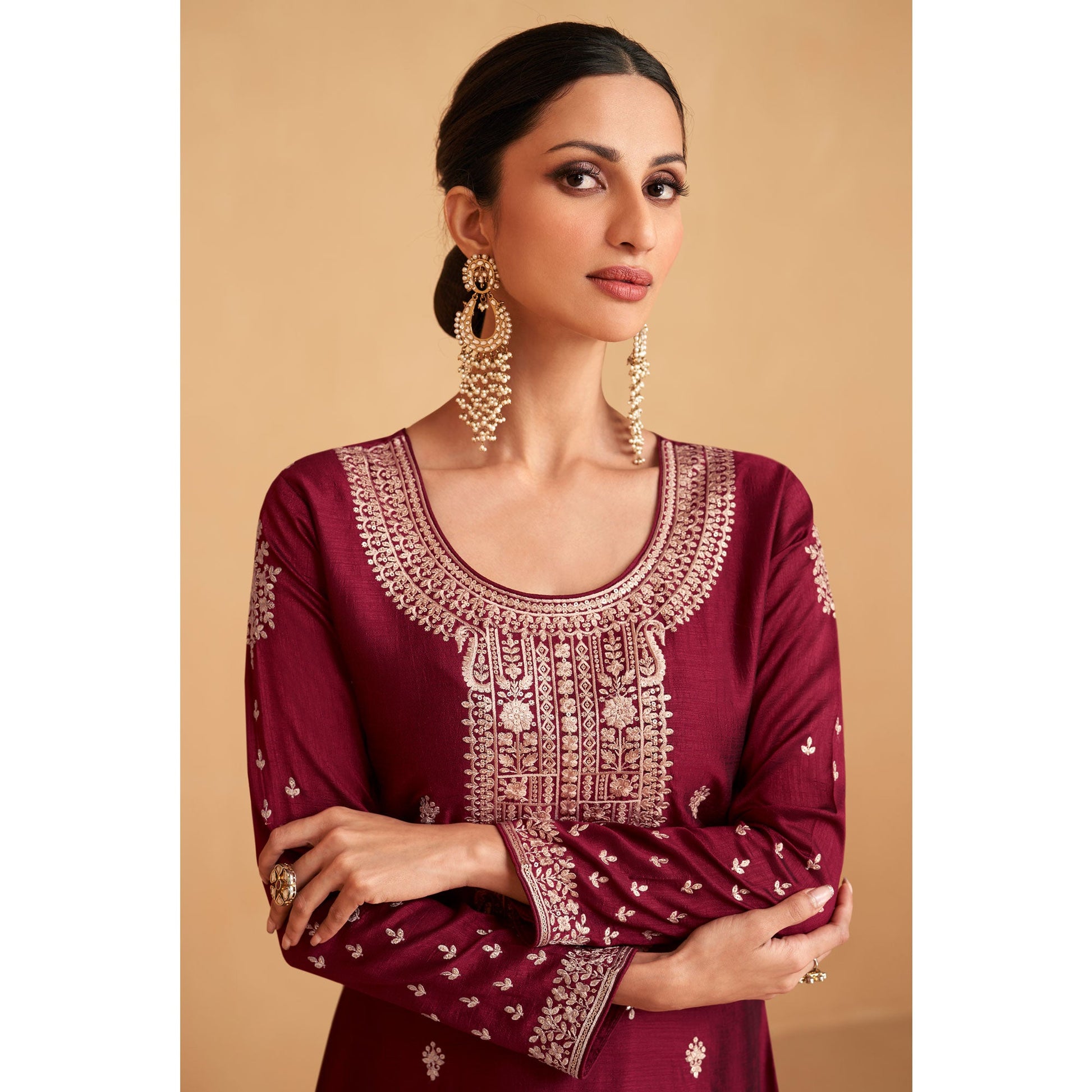 Maroon Embroidered Art Silk Palazzo Suit
