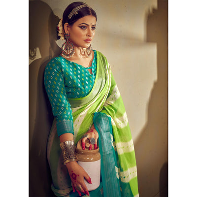 green-blue-printed-with-zari-border-linen-saree