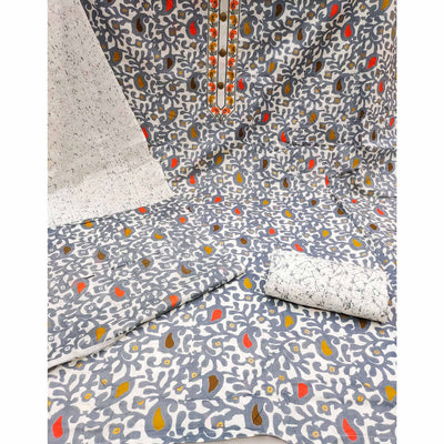 Grey Printed Cotton Dress Material