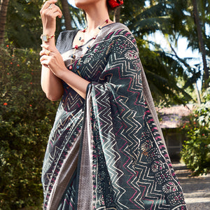 Grey Printed With Woven Border Cotton Saree