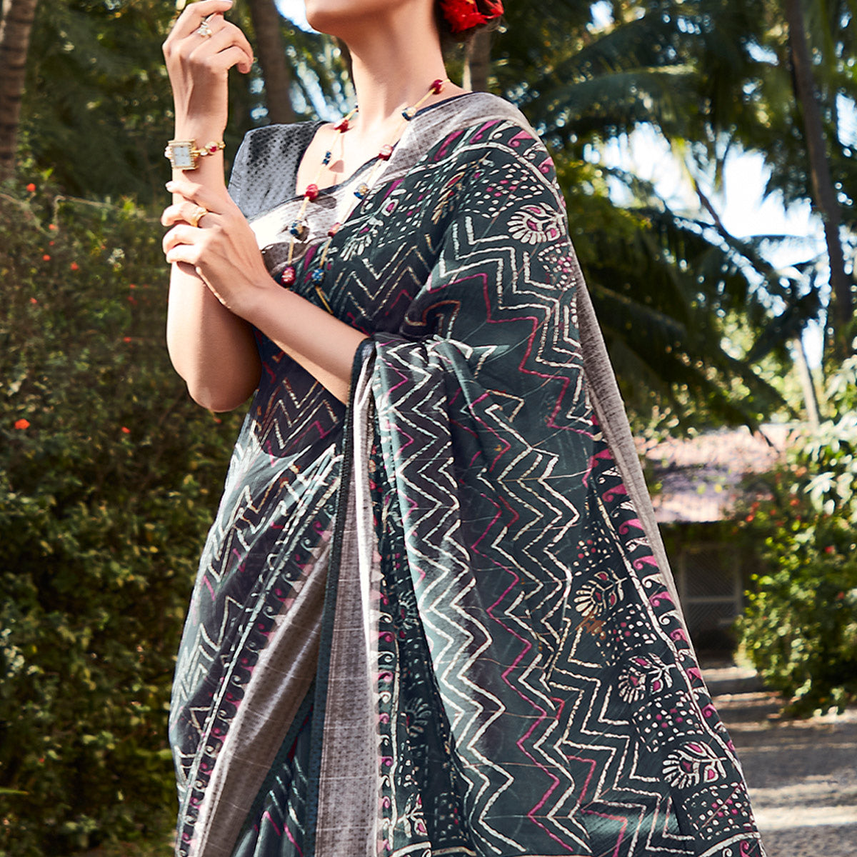 Grey Printed With Woven Border Cotton Saree