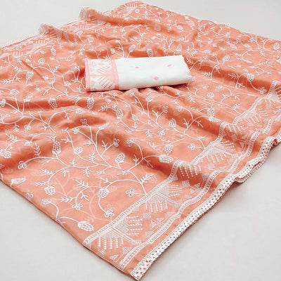 Light Orange Lucknowi Work Organza Saree
