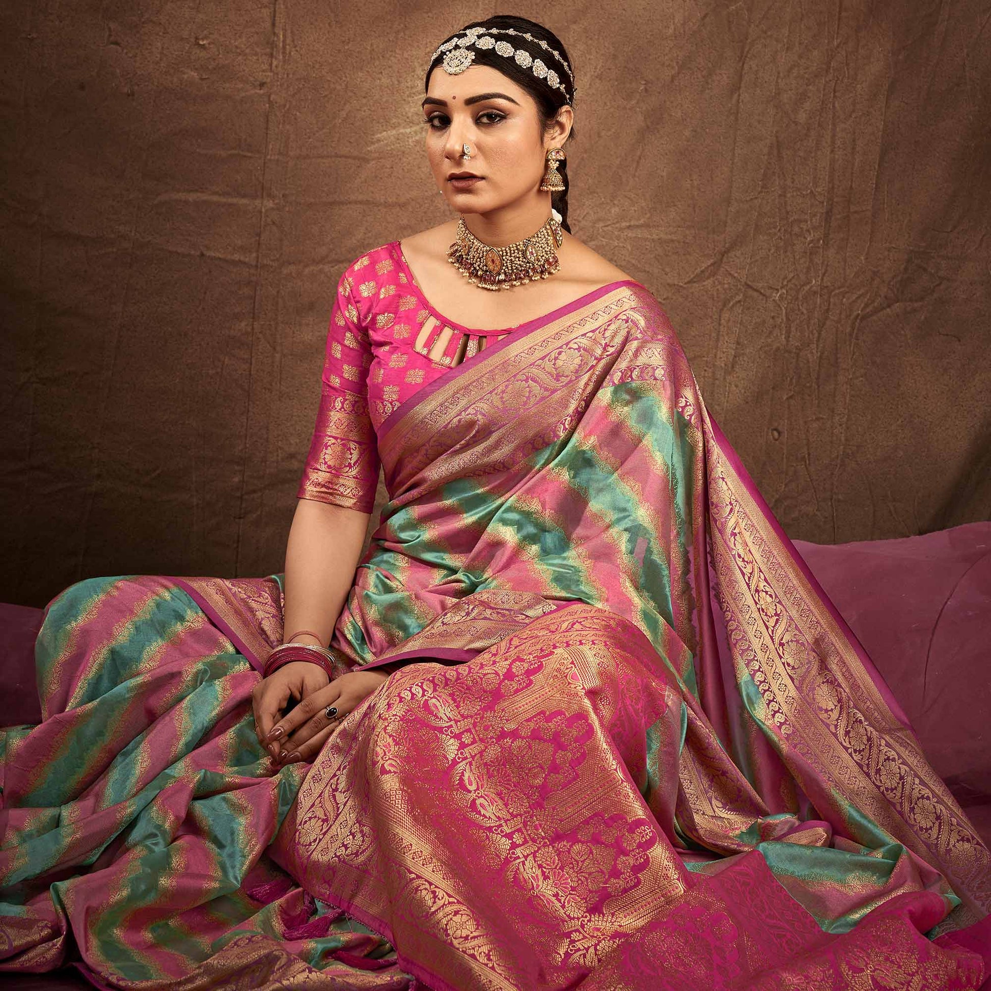 green-pink-woven-art-silk-saree