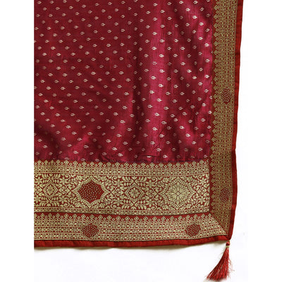 Maroon Foil Printed With Swarovski Vichitra Silk Saree