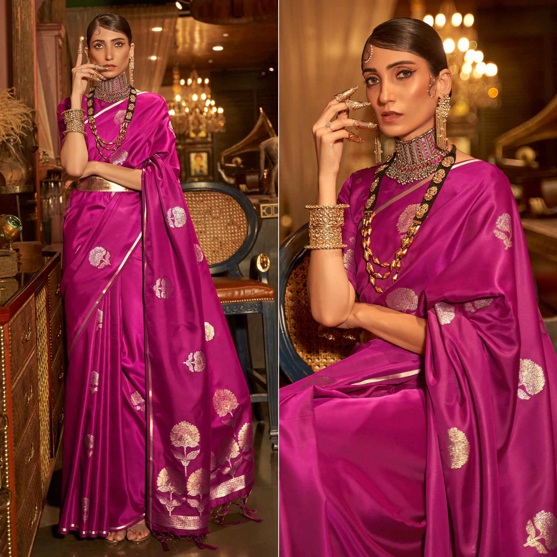 Magenta Pink Floral Woven Satin Saree With Tassels