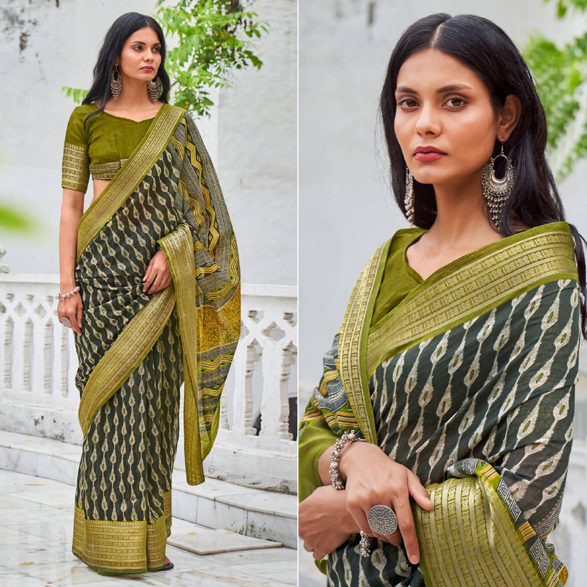 green-printed-with-woven-border-raw-silk
