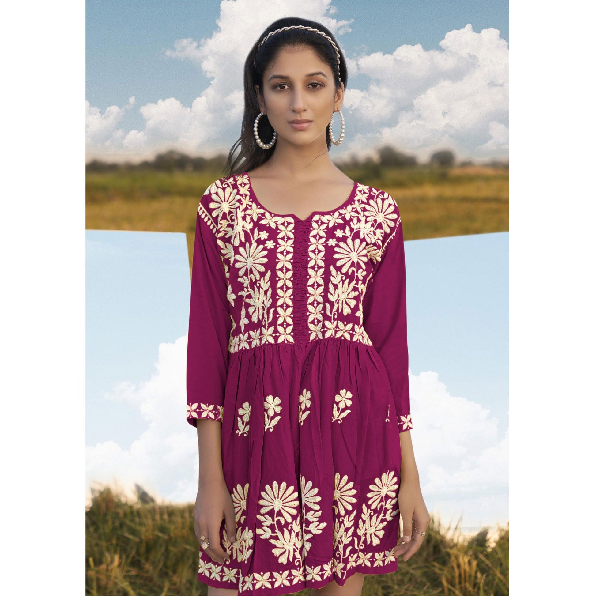Magenta Pink Lucknowi Embroidered Rayon Tunic