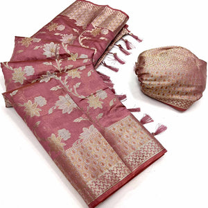 Mauve Floral Woven Organza Saree With Tassels