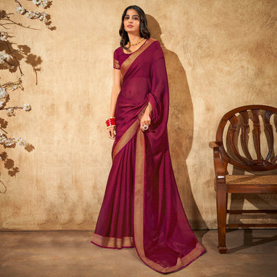 Magenta Purple Printed Chiffon Saree With Brocade Lace