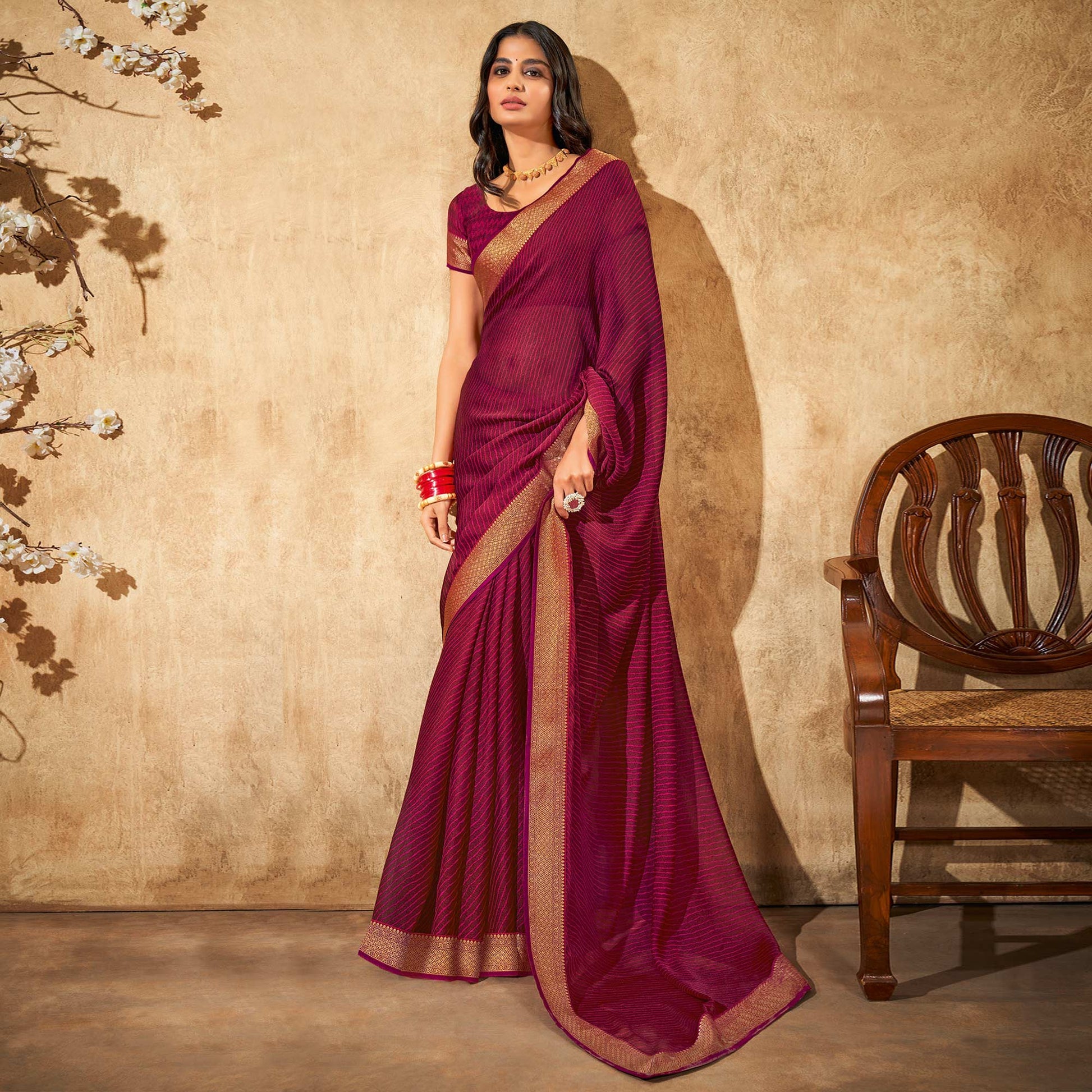 Magenta Purple Printed Chiffon Saree With Brocade Lace